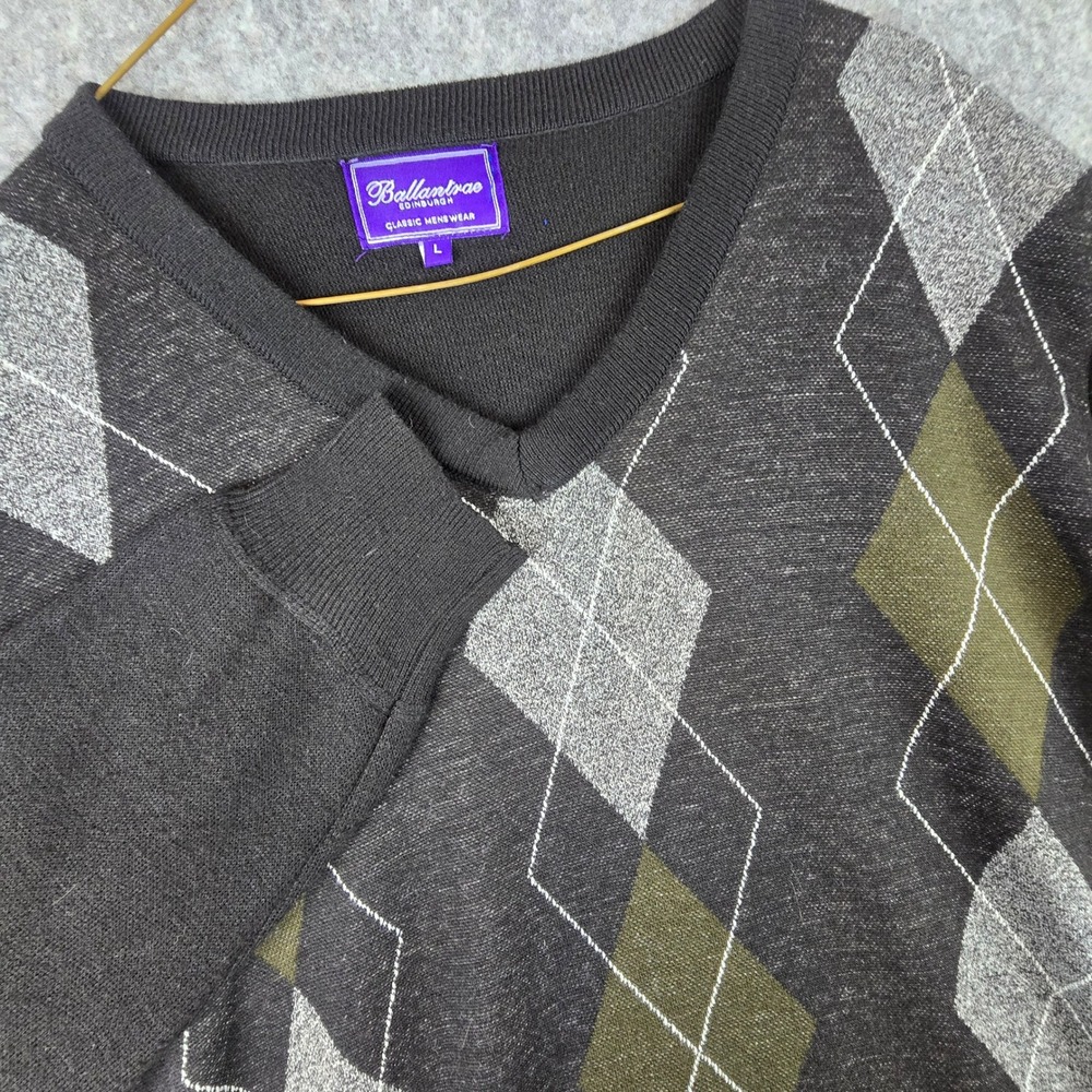 Ballantrae Edinburgh Mens Argyle Sweater Large Black V Neck Grandpacore Pullover